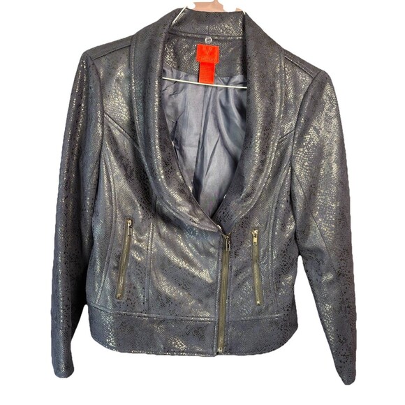 V Cristina Navy Blue Faux Leather Moto Jacket Snakeskin Print Size L Biker - Picture 9 of 9